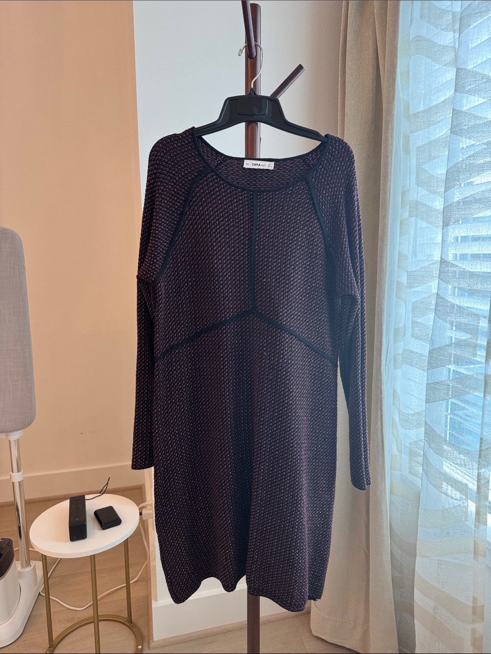 ZARA Dark Brown Textured Long-Sleeve Knit Dress